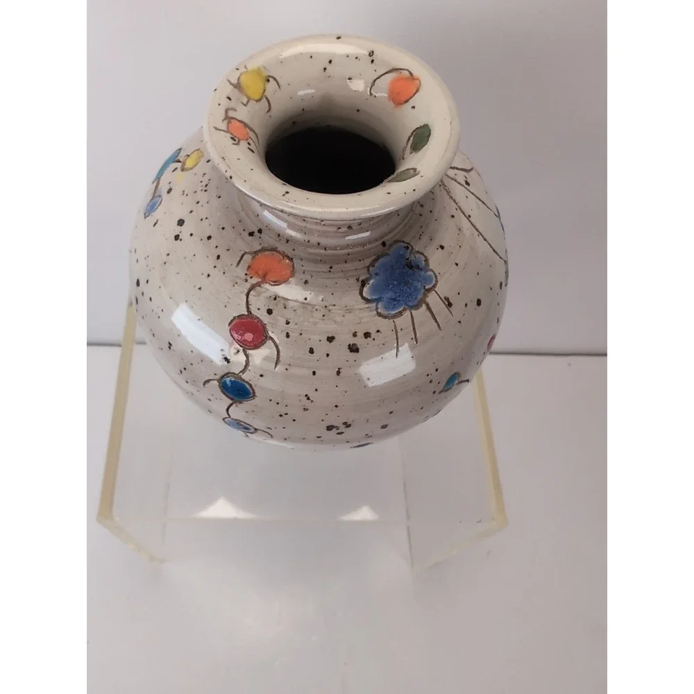Glazed Handmade Pot/Vase Colorful Design Signed & Dated Contemporary, Cute Bugs?